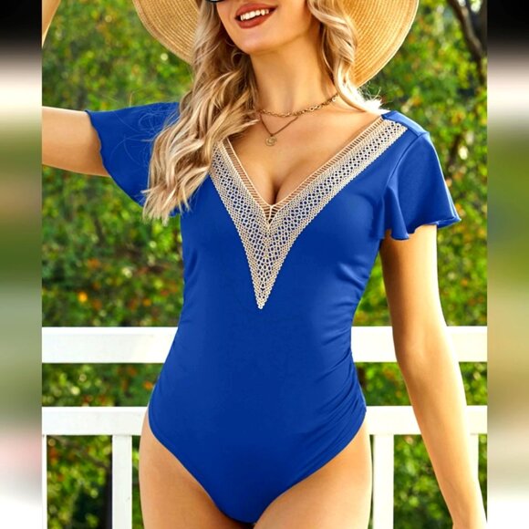 Luvly One Blue & Gold Delphine V-Neck Swimsuit with Lace Trim - Size XL NWT - Picture 2 of 5